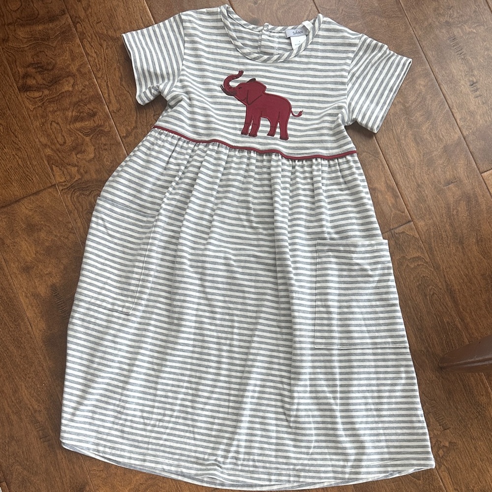 Striped Gray and Red Elephant Kids Casual Dress